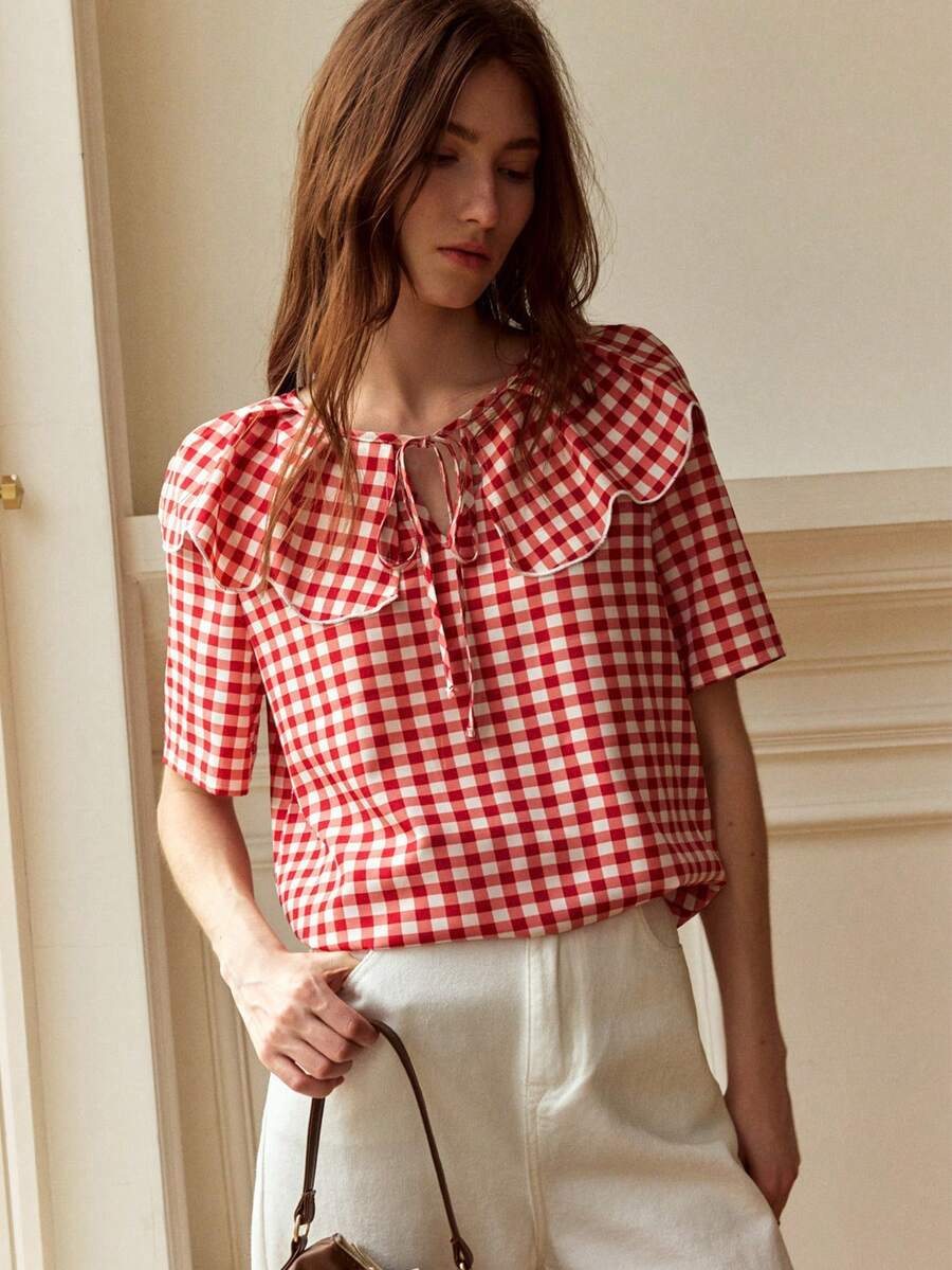 SHEIN Áo sơ mi nữ kiểu dáng thường ngày, thích hợp cho kỳ nghỉ, đi làm, mùa hè, thanh lịch, lễ tốt nghiệp, kẻ caro, đen trắng.