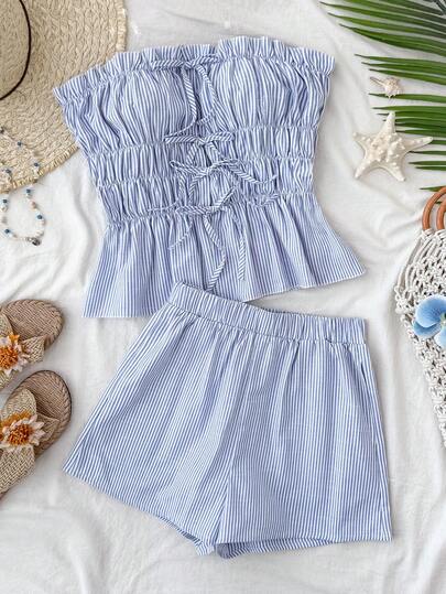 女童条纹抹胸上衣和短裤套装（2件套），休闲家居服，适合夏季、派对、旅行和度假。