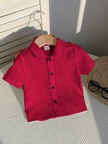 SHEIN 男女宝宝白色短袖翻领梭织休闲度假上衣，春夏男宝宝服装 - 紅色 - 查看 5