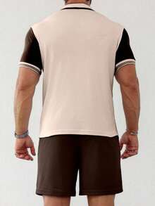 Manfinity Homme Men's Contrast Color Striped Polo Shirt And Shorts Set - Brown - View 2