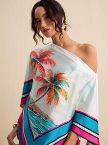 LOTSLUV Áo kiểu satin nữ mùa xuân/hè họa tiết cây dừa xanh dương, cổ chữ V, tay cánh dơi, viền tương phản. - Nhiều màu - Xem 6