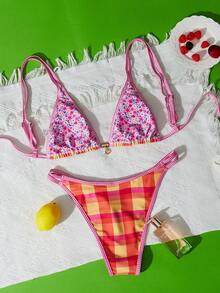 Swim Mod 女士夏季新款格子碎花性感露背三角比基尼两件套，适合海滩、游泳、度假 - 彩色 - 查看 4