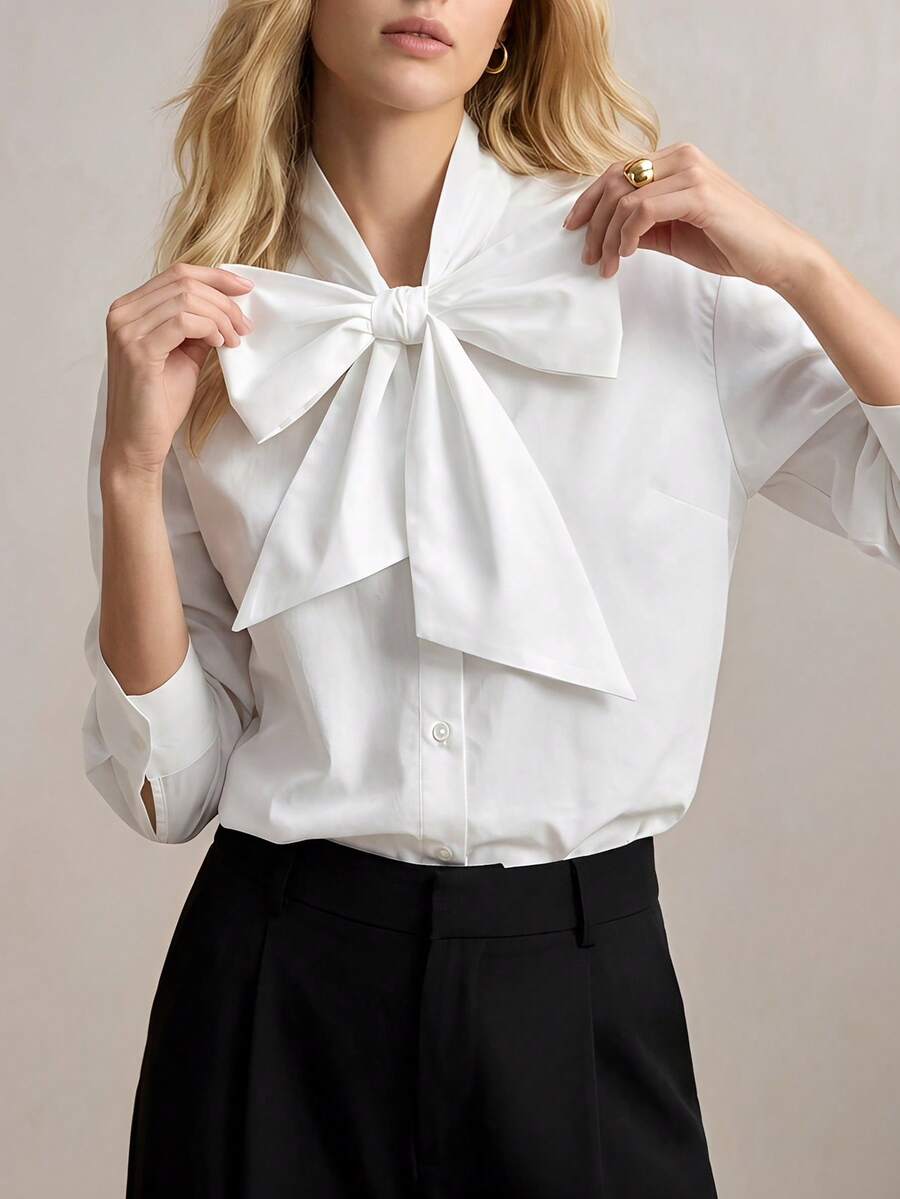 BizChic Women's Casual Elegant Knotted Button Front Shirt, Versatile Blouse For Business, Office, Casual Wear, Spring/Summer - White - View 1