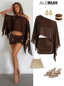 Aloruh 女士新款纯棕色两件套，不对称肩部上衣搭配迷你裙，夏季度假及音乐节波西米亚风穿搭 - 棕色 - 查看 2