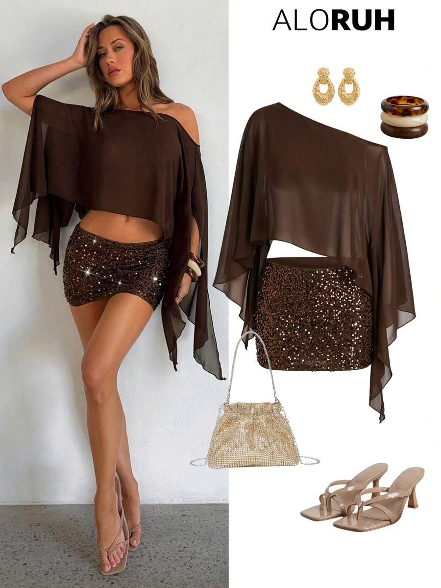 Aloruh 女士新款纯棕色两件套，不对称肩部上衣搭配迷你裙，夏季度假及音乐节波西米亚风穿搭