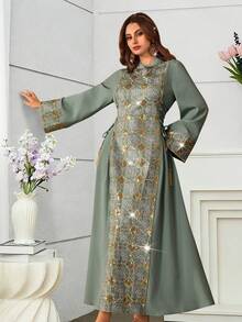 Al Najma Đầm thanh lịch thêu sequin, buộc dây bên hông, ôm sát, tay xòe. - màu xanh lá - Xem 6