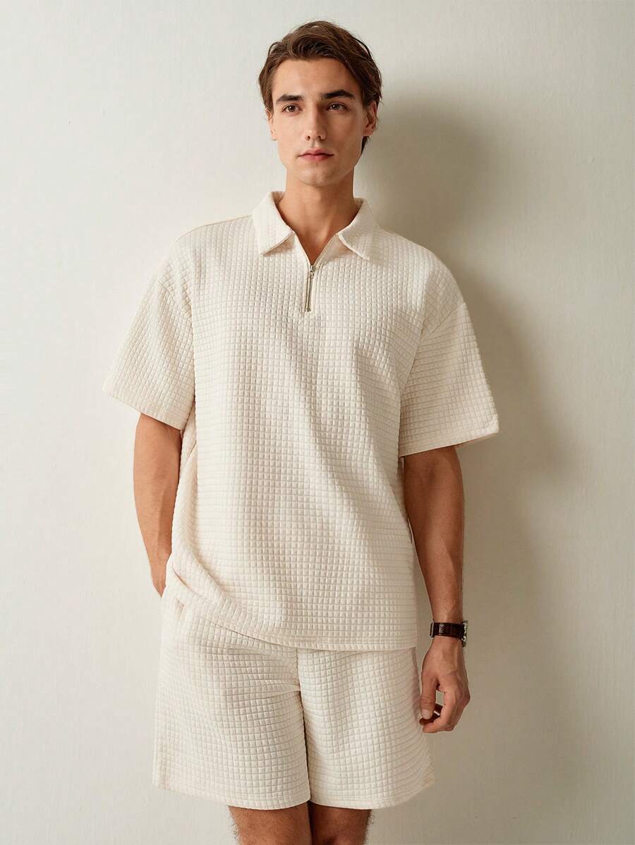 RONVEXI Men's Textured Short Sleeve Top And Shorts, Summer 2pcs Set - Khaki - View 1