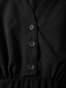 GlowEve CURVE French Elegant Solid Color V-Neck Long Sleeve A-Line Dress - Black - View 4