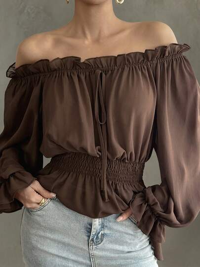 Livesso 女士纯色露肩褶皱时尚百搭日常上衣