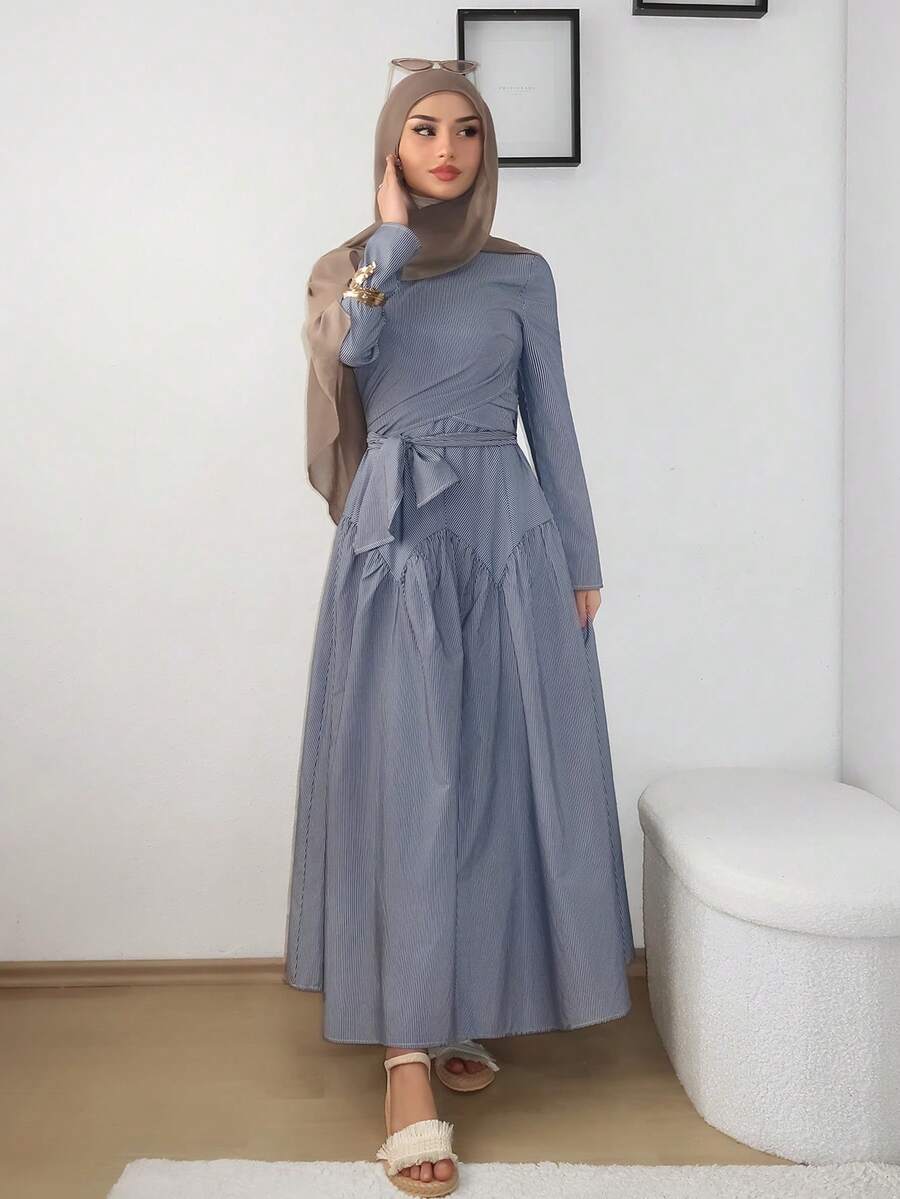 Mulvari Đầm dài tay kẻ sọc thắt eo dành cho nữ, kiểu dáng thường ngày. - Màu xanh lam - Xem 1