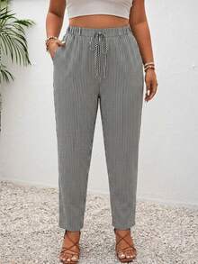SHEIN Frenchy Plus Size Black & White Striped Pattern Casual Pants With Pockets, Suitable For Daily, Commuting And Vacation Fall - Multicolor - View 3