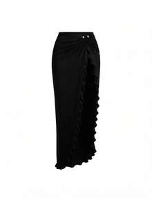 Bonvoyette Women Metal U Buckle Decor Black Plain High Split Maxi Skirt Cover Up Skirt, Summer Beach Vacation - Black - View 6