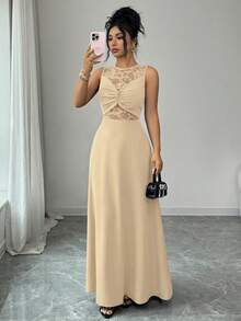 Elenzga Robe élégante, romantique et sexy pour femmes avec patchwork en dentelle, col rond, détail de torsion à la taille et jupe fluide - Nude - Voir 6