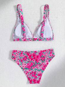 SHEIN 少女碎花吊带比基尼泳装套装，适合海滩度假、母亲节、毕业典礼等场合，春夏日常、外出、度假、节日穿着，时尚少女，休闲装，新款，返校季，轻松休闲风，少女风T恤 - 彩色 - 查看 5