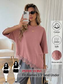 SHEIN PETITE CURVE 大码女式纯色圆领落肩蕾丝下摆T恤 - 藕粉色 - 查看 1