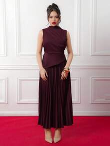 Criza Taa Women's Elegant Ruffle Sleeveless Swing Neck A-Line Dress/Umbrella Skirt/Back To School/School Clothes /Party/Old Money Style Women/Going Out Outfits / Party Outfit Women/Office Outfits For Women/Imitation Apricot Skirt - Burgundy - View 6