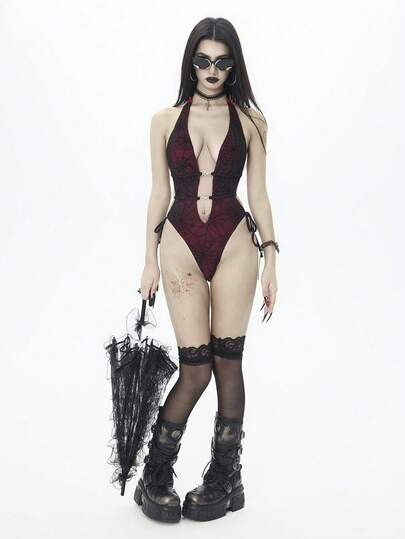 ROMWE 2026SS Gothic Punk Spider Web Backless Halter Swimsuit For Women, Vacation & Beach 2026SS New Women's Swimwear Arrival For Holiday, Date, Western, Cruise, Beach, Island, Road Trip, All Seasons, Music Festival, Boho Vacation,Bohemian Vacation, Chill Autumn Boho Y2K Elegant Vintage