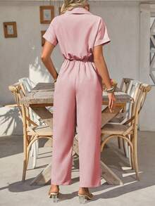 EMERY ROSE Women's Solid Color Front Button Casual Short Sleeve Jumpsuit, Spring/Summer - Pink - View 3