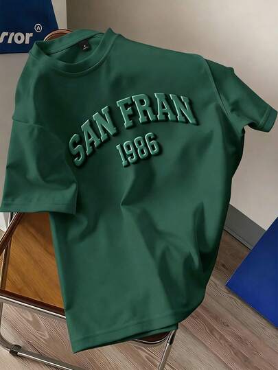 Manfinity Joysei 修身男士橄榄绿T恤，饰有3D旧金山字母图案，适合夏季、户外活动和上学穿着。