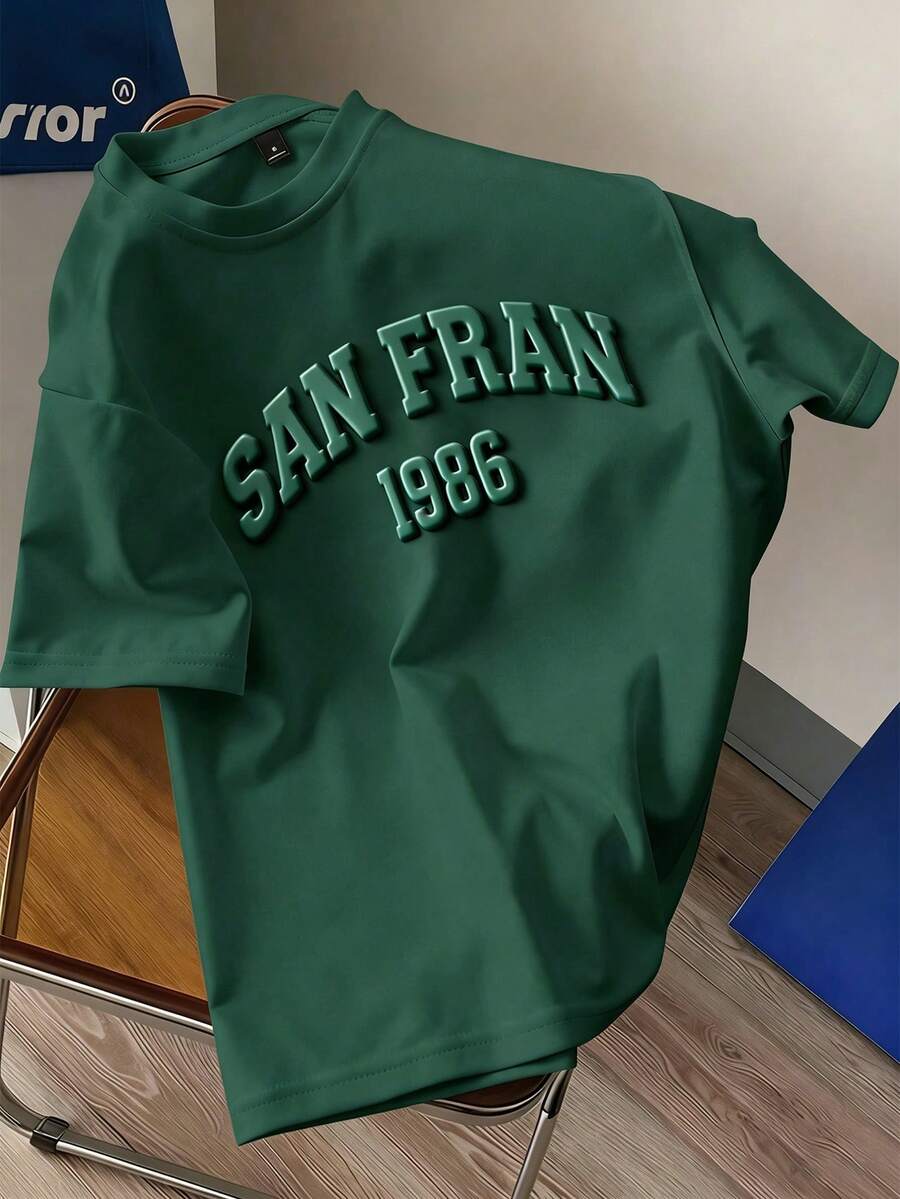 Manfinity Joysei Slim Fit Men's Olive Green T-Shirt With 3D San Francisco Letter Design, Suitable For Summer, Outdoor, School - Dark Green - View 1