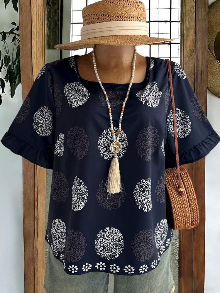 Plus Size Women Square Neck Short Sleeve Casual Loose Summer Printed Shirt,Summer Outfits For Women,V,Women's Country Clothing ,Casual Blouses For Women,Summer Holiday Outfits ,Casual Blouses For Women