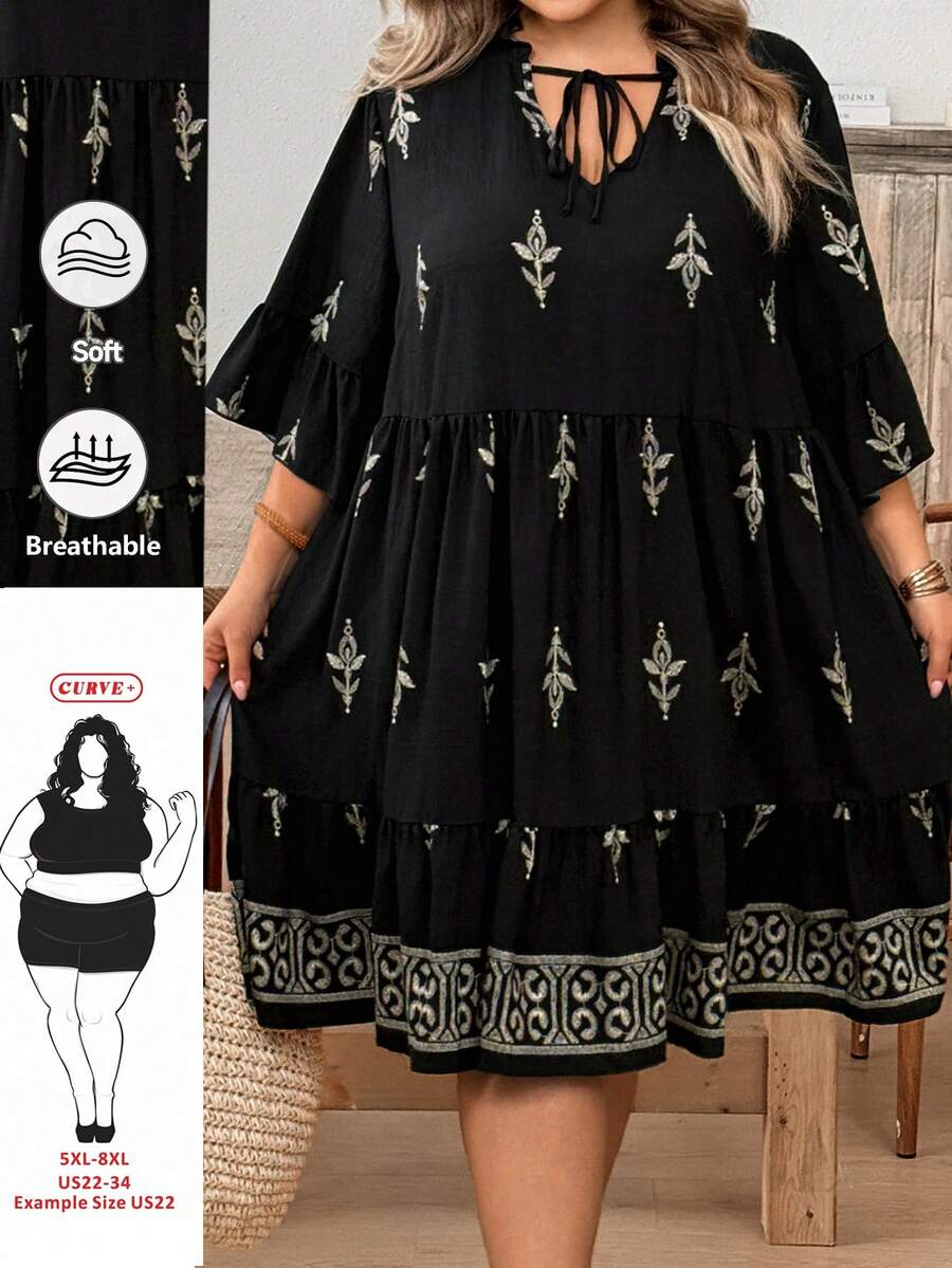 SHEIN CURVE+ 度假大码印花连衣裙 - 黑與白 - 查看 1