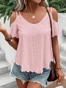 EMERY ROSE Women's Solid Color Minimalist Off-Shoulder T-Shirt, Casual Everyday Wear - Pink - View 3