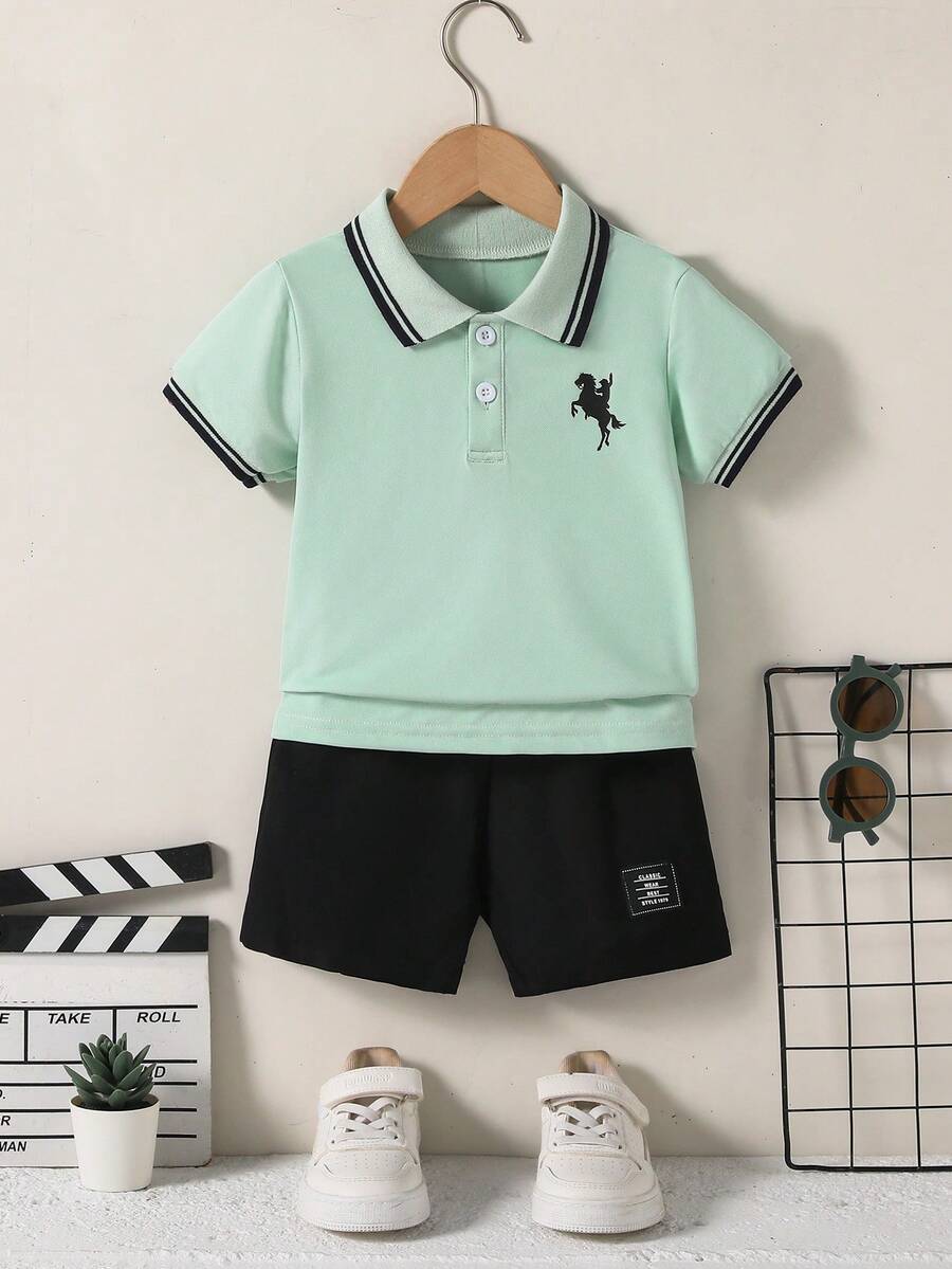 SHEIN 男童休闲撞色滚边骑士印花Polo衫，夏季 - 綠色 - 查看 1