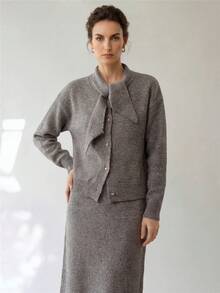 Uhlyne Women's Minimalist Teacher Outfit, Fashion Commuter Style With Design Sense, Gold Button Cardigan Paired With Simple Casual A-Line Skirt, Business Casual 2 Pieces Knit Set, Fall Winter Autumn - Grey - View 1