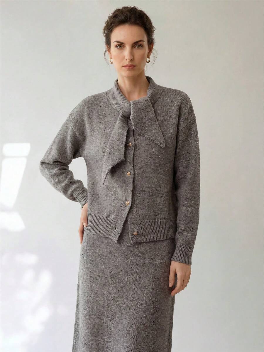 Uhlyne Women's Minimalist Teacher Outfit, Fashion Commuter Style With Design Sense, Gold Button Cardigan Paired With Simple Casual A-Line Skirt, Business Casual 2 Pieces Knit Set, Fall Winter Autumn - Grey - View 1