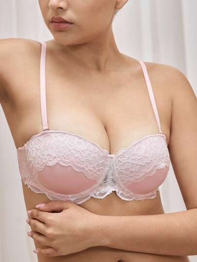 Bralution Sujetador sin tirantes de encaje con flores, copa balconette con aros y push-up, ideal para vacaciones y fiestas, rosa y blanco, kawaii