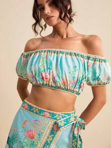 LOTSLUV Women's Spring/Summer Vacation Green Ocean Turtle, Seaweed, Conch Placement Print Off-Shoulder Cropped Top And Wrap Midi Skirt 2-Piece Set, 2 Piece Set, Beach Outfits For Women, Vacation Outfit, Summer Outfits, Tropical Print Set, Puerto Rico Vacation Outfits 2 Piece, Festival Outfits Women Two Piece, Beach Sunbathing Outfit - Blue - View 4