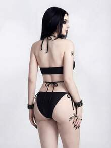 ROMWE Goth 女士铆钉装饰挂脖打结分叉比基尼套装 - 黑色 - 查看 2
