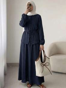 Solavon Women's Casual Solid Color Textured Long Sleeve Top And Skirt 2 Pieces Set,Unlined Sleeves, Autumn Modest Two Piece Linen Sets - Navy Blue - View 9