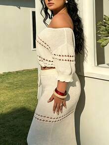 Sunnyshic Plus Size Women's Elegant, Sexy, Bohemian Style Off-Shoulder, Hollow-Out, Ruffle, Cinched Waist Short Knit Top And Drawstring Tie, Straight, Slimming Long Skirt Set, Suitable For Dates, Festivals, Picnics, Photoshoots, Vacations Now Trending Outfits For Women 2 Piece Two Piece Casual Sets Knitwear 2 Piece Zoey Outfit Daily Wear Casual Vacation Cruise Travel Beach Sunbathing - Apricot - View 3
