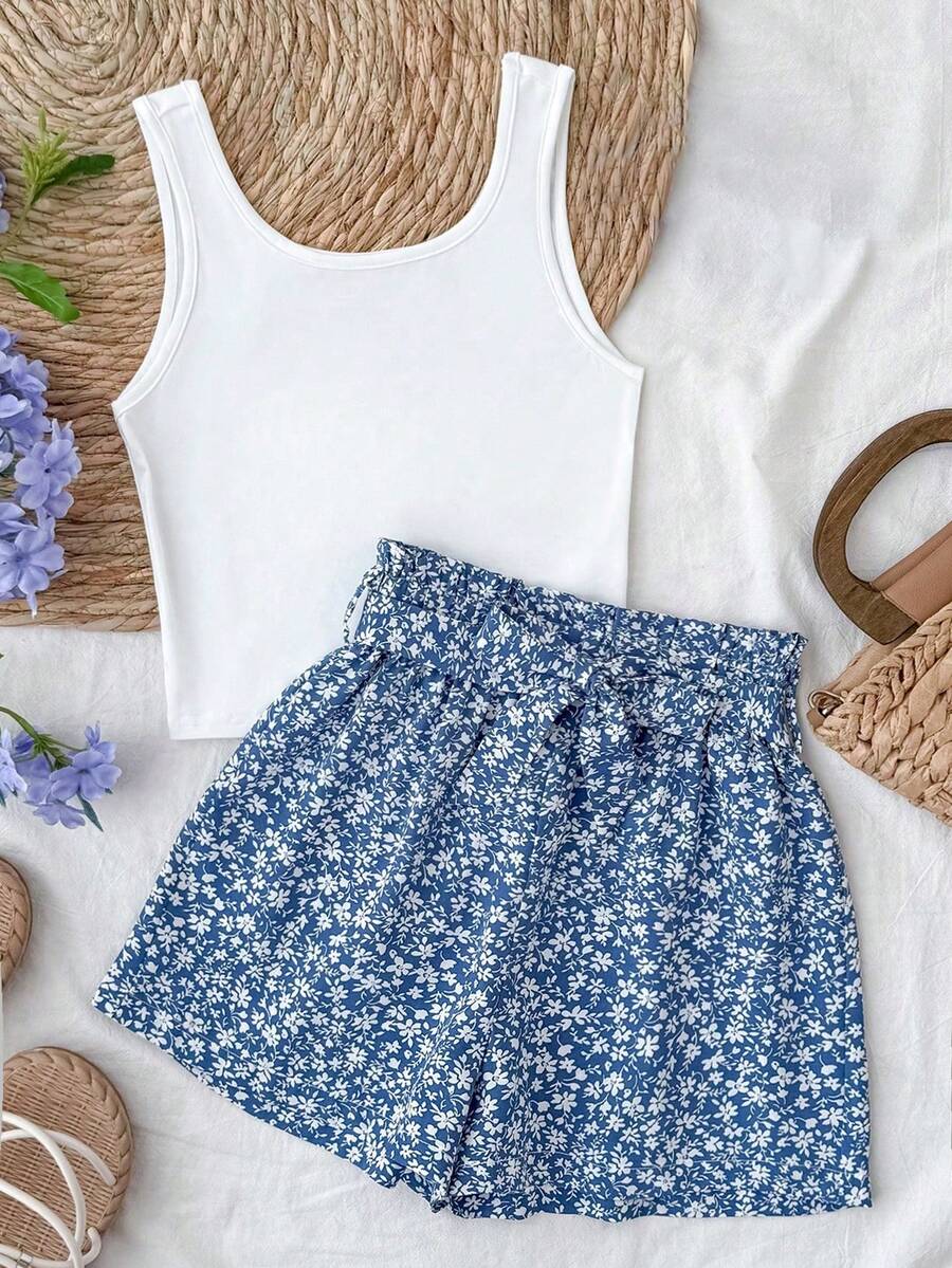 SHEIN 少女夏季休闲度假白色吊带碎花纸袋短裤两件套 - 藍白色 - 查看 1