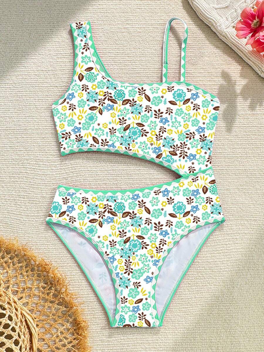 SHEIN Tween Girl Piece Swimsuit New Summer Fresh Floral Print Asymmetrical Design Kids Bathing Suit Baby High Elastic Breathable Quick Dry Beach Vacation Hot Spring Water Play Swimwear For Big Kids Parent-Child Swimming Gear - Green - View 1