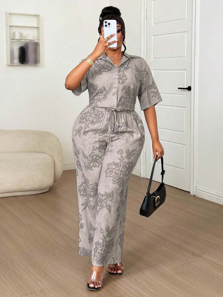 Dazy Plus Floral Print Loose Collar Shirt And Long Pants 2-Piece Set, Casual Commuter Style, Plus Size Women Spring/Summer Lounge Sets For Women