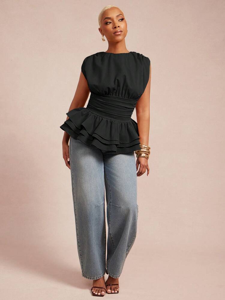 Vixey Solid Woven Round Neck Ruched Sleeveless Layered Peplum Hem