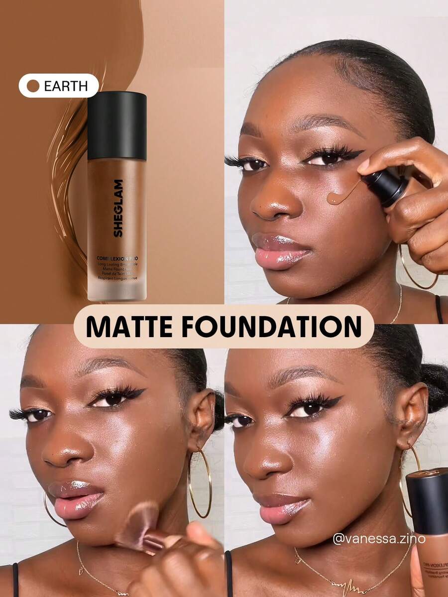 SHEGLAM Complexion Pro Long Lasting Breathable Matte Foundation-Earth Matte Sweat-Proof Foundation Oil Control Full Coverage Pore-Less Concealer Waterproof Flawless Non-Fading Weightless Liquid Foundation Brand Beauty Makeup Face Paint Cosmetic For Women Girls Perfect For Spring Summer Ideal For Y2K Fancy Fashion Suitable For Birthday Mother'S Day Gift Rave Party Ready Best Color