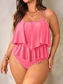 SHEIN Swim Lushore 2pcs Plus Size Women Green Spaghetti Strap Double Ruffle Trim Top And High Waist Ruffle Trim Pants Set, Summer Beach Holiday - Pink - View 3