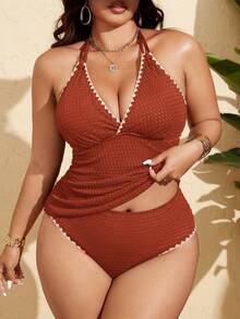SHEIN Swim Curve 大码女士黑色V领双肩带V领收腹坦克背心式泳衣套装，时尚夏季海滩度假之选 - 摩卡棕 - 查看 5