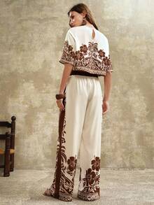 Arave Bộ 2 món quần ống rộng cổ tròn in họa tiết Bohemian dành cho nữ. - Màu be - Xem 3