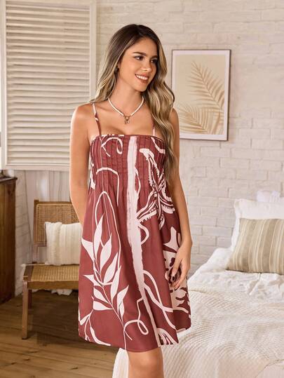 Serenescape Summer Spaghetti Strap Vacation Style Floral Print Off-Shoulder Loose Nightgown