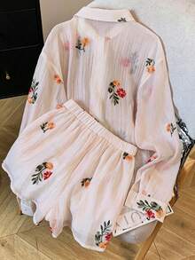 Franclia Women's Floral Embroidered Long Sleeve Shirt And Shorts Casual 2 Pieces Set - Pink - View 2