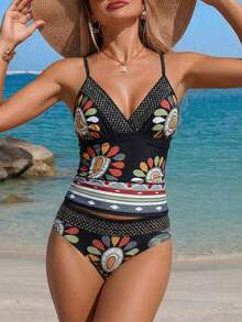 Swim Lushoire 2026 New Women's Summer Beach Vacation Black Woven Strap Splice Deep V-Neck Spaghetti Strap Backless Sexy Abstract Print Ruched High Waist Bikini Swimsuit Set, Woman Swimsuit,Ribbon Floral Print Tankini Swimsuit Set - Multicolor - View 1