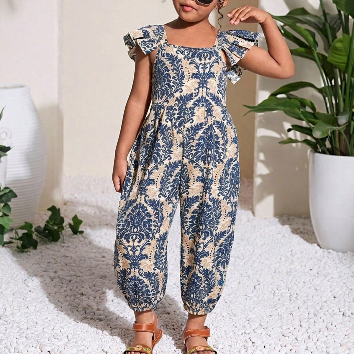 Mono con volantes y estampado todo sobre casual de uso diario y vacaciones para niña