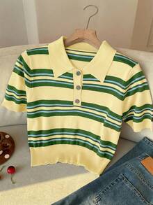 SHEIN EZwear Women's Button-Up Striped Short Sleeve Knit Top - Multicolor - View 5