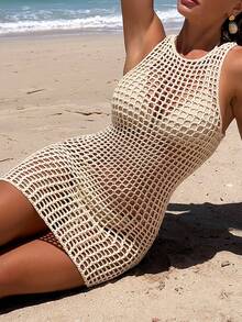 Swim Vcay 2026新款杏色无袖镂空休闲度假沙滩罩衫连衣裙（女款） - 杏色 - 查看 3