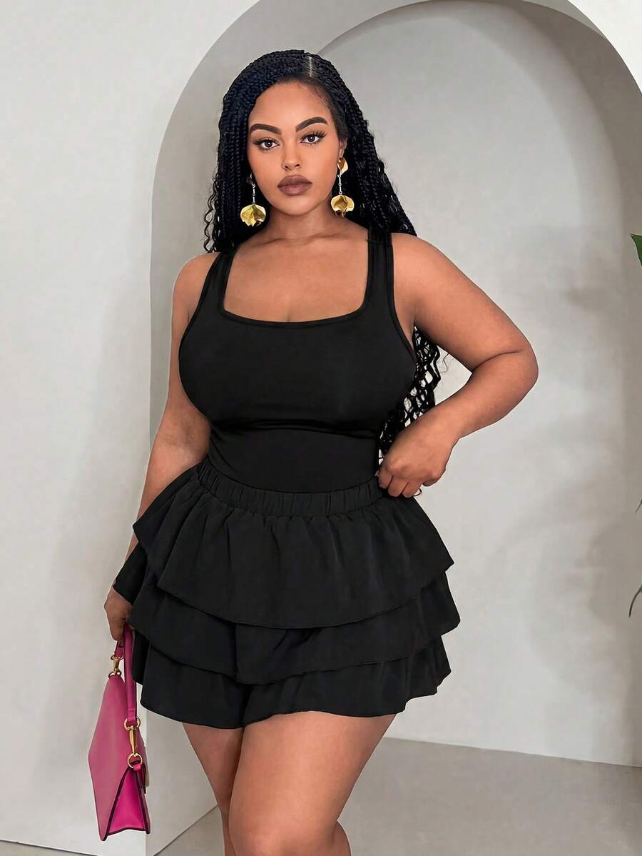 SHEIN Slayr Bộ 2 món gồm áo tank top đen và chân váy ngắn, thích hợp cho trang phục dự lễ hội âm nhạc, cỡ lớn. - Nhiều màu - Xem 1